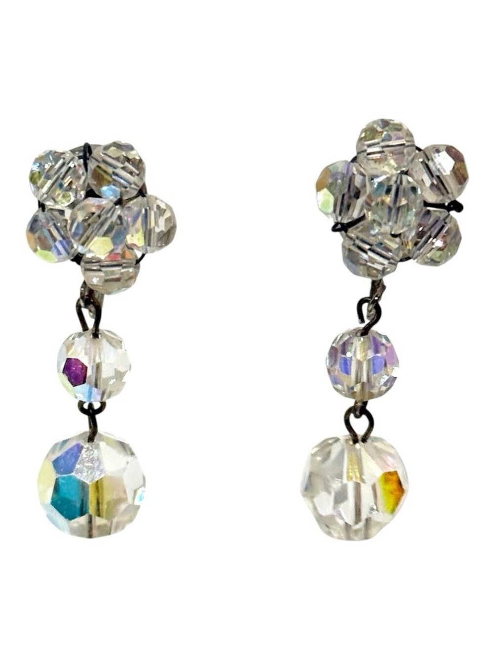 Clip on Earrings Crystal Drop Sparkly Clear Beaded Dangle Prom Wedding Vintage
